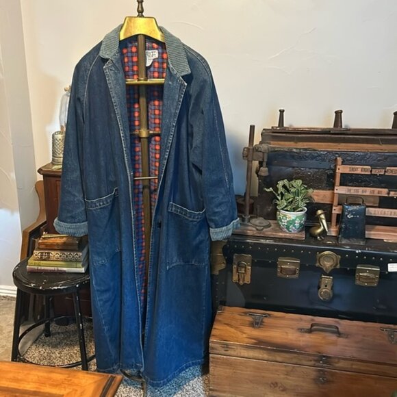 Vintage Jackets & Blazers - VINTAGE SBII Denim Trench Coat Flannel Lining Corduroy Trim